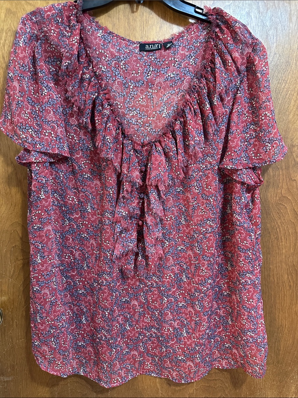 a.n.a Red Floral Ruffle V-Neck Blouse